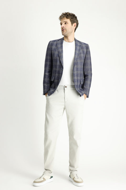 Light Navy 7 Drop Slim Fit Narrow Cut Wool Linen Blend Plaid Jacket