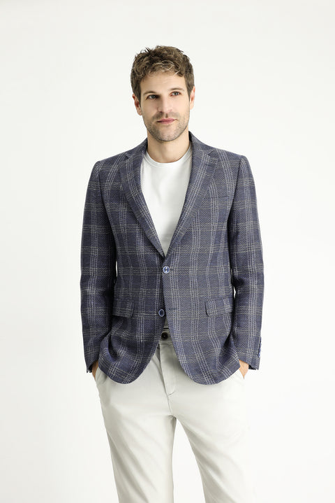 Light Navy 7 Drop Slim Fit Narrow Cut Wool Linen Blend Plaid Jacket