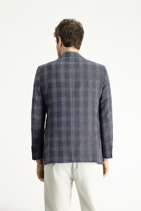 Light Navy 7 Drop Slim Fit Narrow Cut Wool Linen Blend Plaid Jacket