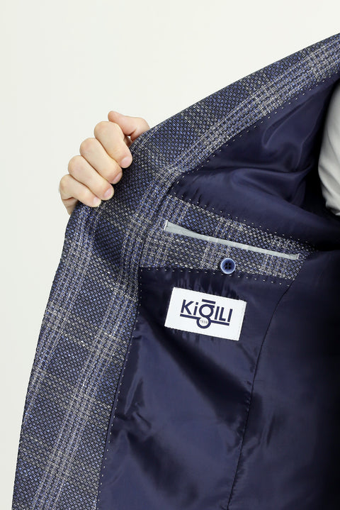 Light Navy 7 Drop Slim Fit Narrow Cut Wool Linen Blend Plaid Jacket