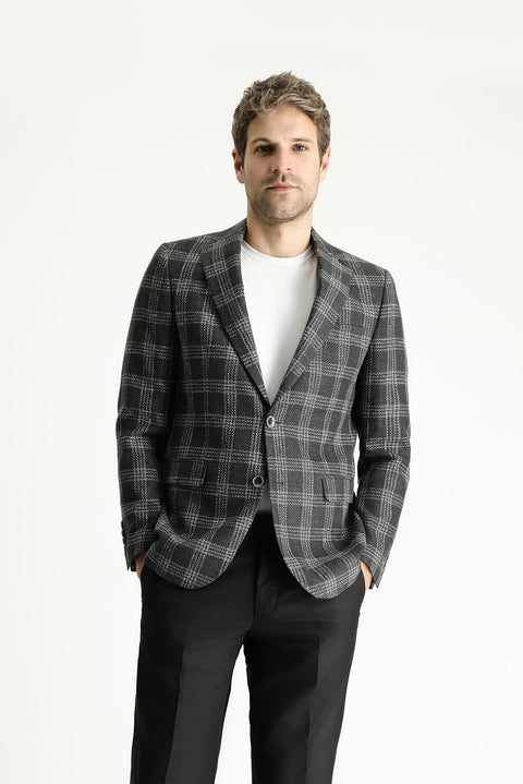 Dark Anthracite 6 Drop Regular Fit Standard Cut Wool Linen Blend Plaid Jacket