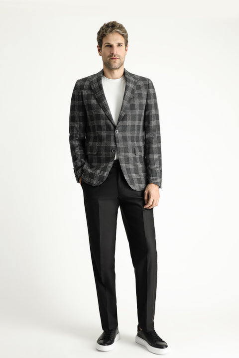 Dark Anthracite 7 Drop Slim Fit Narrow Cut Wool Linen Plaid Jacket