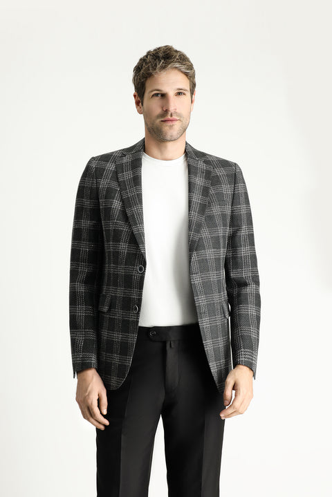 Dark Anthracite 7 Drop Slim Fit Narrow Cut Wool Linen Plaid Jacket