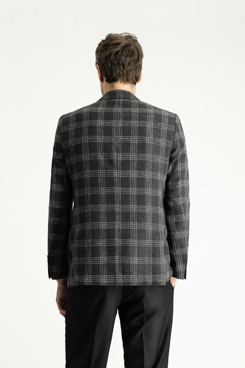 Dark Anthracite 7 Drop Slim Fit Narrow Cut Wool Linen Plaid Jacket