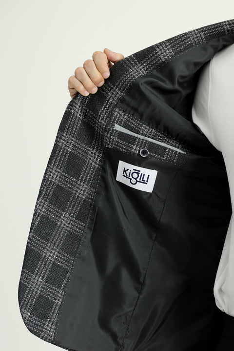 Dark Anthracite 6 Drop Regular Fit Standard Cut Wool Linen Blend Plaid Jacket