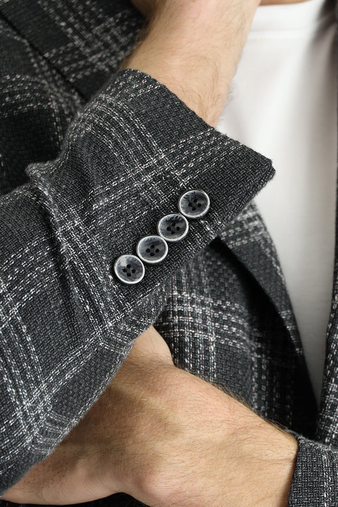 Dark Anthracite 7 Drop Slim Fit Narrow Cut Wool Linen Plaid Jacket