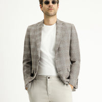 Medium Mink 7 Drop Slim Fit Narrow Cut Wool Linen Blend Plaid Jacket