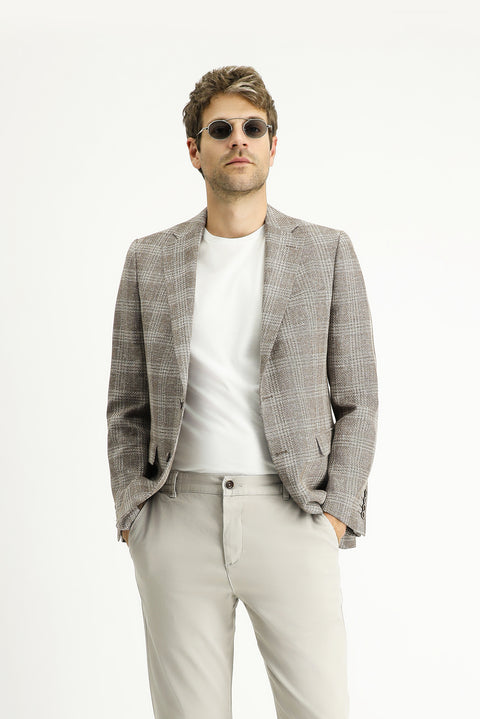 Medium Mink 7 Drop Slim Fit Narrow Cut Wool Linen Blend Plaid Jacket