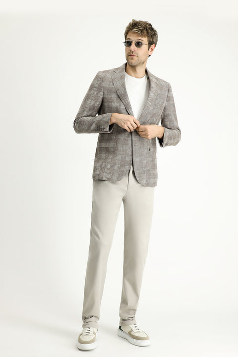 Medium Mink 6 Drop Regular Fit Standard Cut Wool Linen Blend Plaid Jacket