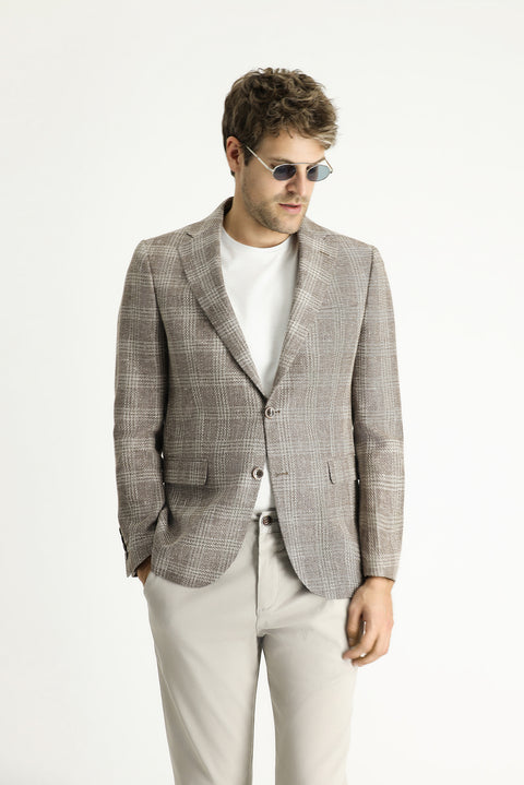Medium Mink 6 Drop Regular Fit Standard Cut Wool Linen Blend Plaid Jacket