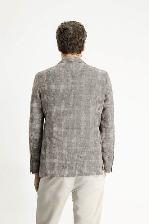 Medium Mink 7 Drop Slim Fit Narrow Cut Wool Linen Blend Plaid Jacket