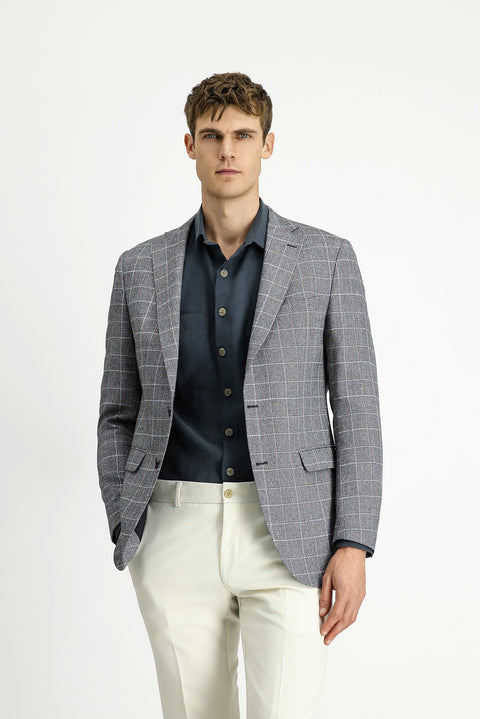 Black 7 Drop Slim Fit Narrow Cut Plaid Linen Blend Jacket