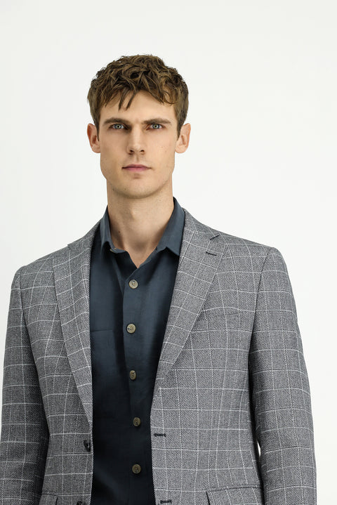 Black 7 Drop Super Slim Fit Extra Narrow Cut Plaid Linen Blend Jacket