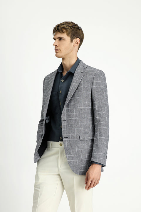 Black 7 Drop Super Slim Fit Extra Narrow Cut Plaid Linen Blend Jacket