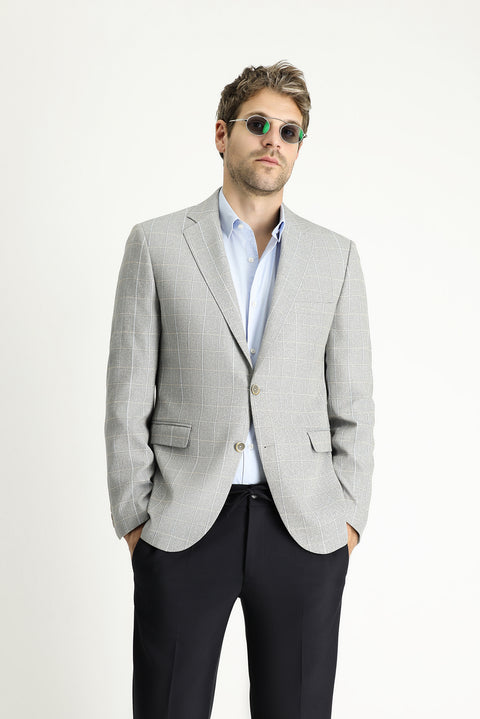 Medium Grey 7 Drop Super Slim Fit Extra Narrow Cut Plaid Linen Blend Jacket