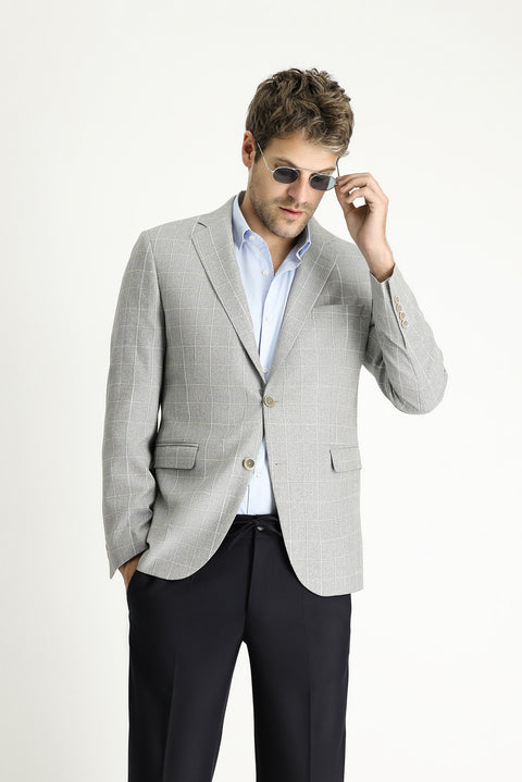 Medium Grey 6 Drop Regular Fit Plaid Linen Blend Jacket