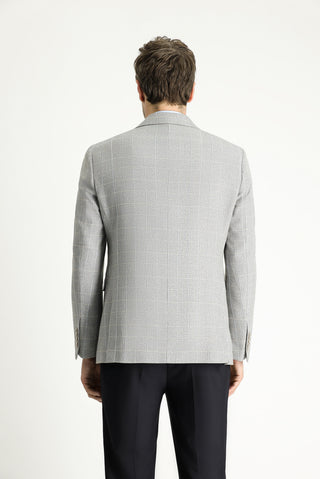  Orta Gri 7 Drop Slim Fit Dar Kesim Kareli Keten Karışımlı Ceket
