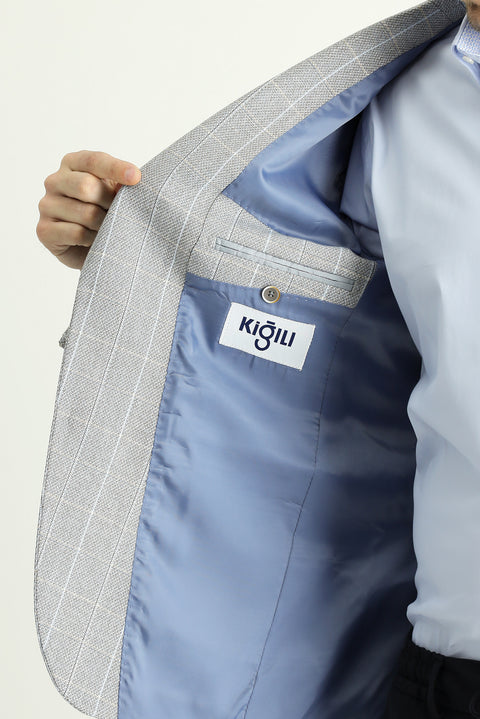 Medium Grey 7 Drop Slim Fit Plaid Linen Blend Jacket