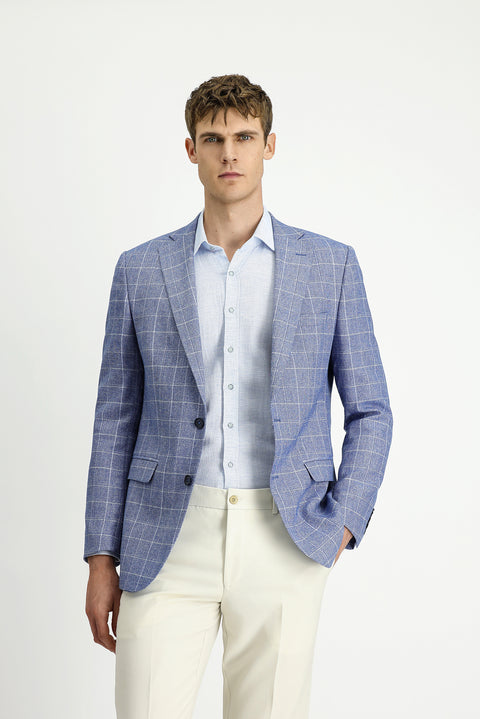 Dark Blue 6 Drop Regular Fit Plaid Linen Blend Jacket