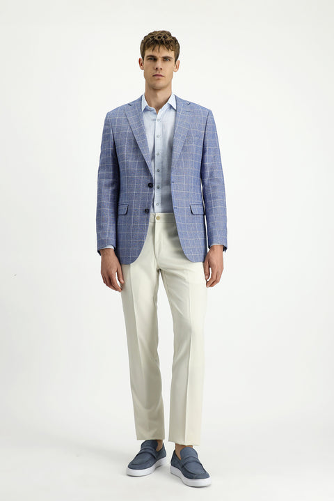 Dark Blue 7 Drop Super Slim Fit Extra Narrow Cut Plaid Linen Blend Jacket