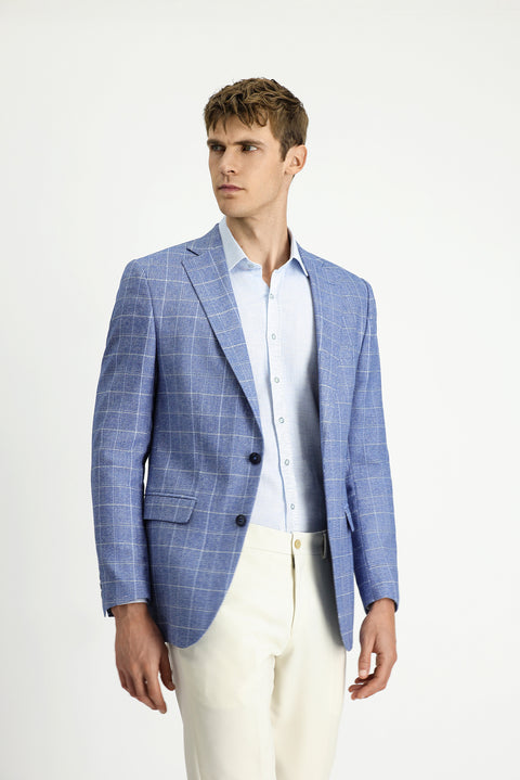Dark Blue 7 Drop Super Slim Fit Extra Narrow Cut Plaid Linen Blend Jacket
