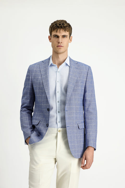 Dark Blue 6 Drop Regular Fit Plaid Linen Blend Jacket