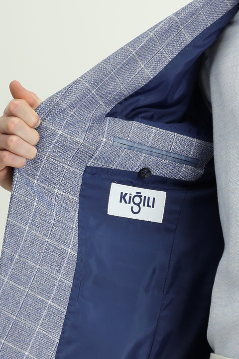 Dark Blue 6 Drop Regular Fit Plaid Linen Blend Jacket