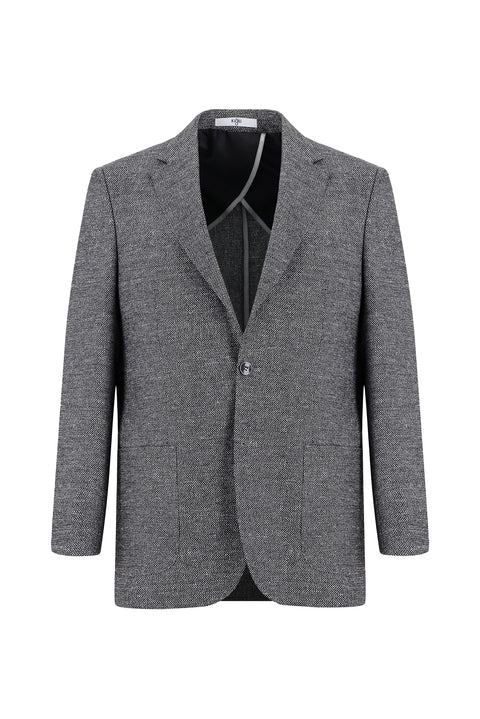 Black 4-Drop Relaxed Fit Patterned Linen Blend Jacket