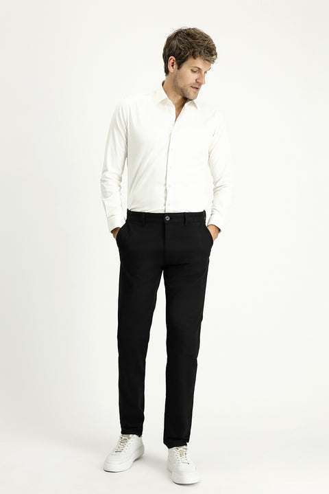 Black Regular Fit Standard Cut Lycra Canvas / Chino Trousers