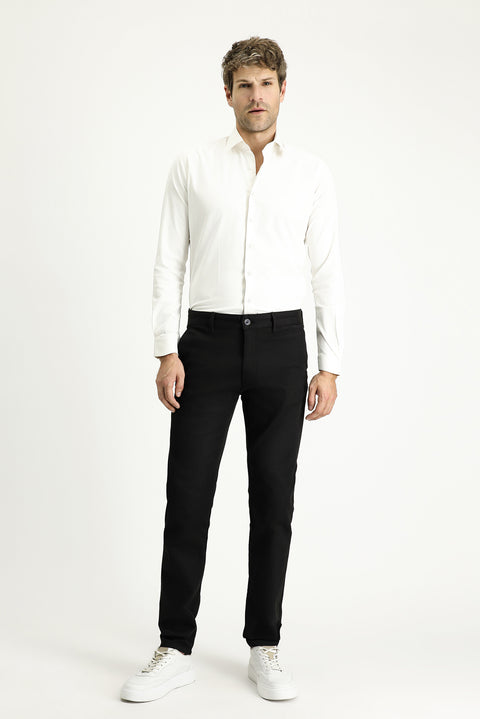 Black Regular Fit Standard Cut Lycra Canvas / Chino Trousers