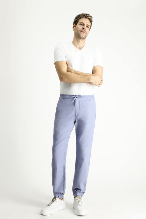 Light Blue Regular Fit Standard Cut Elasticated Waist Drawstring Cotton Jogger Pants
