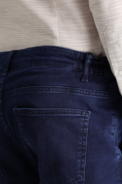Orta Lacivert Regular Fit Standart Kesim Beli Lastikli Likralı Denim Look Pantolon