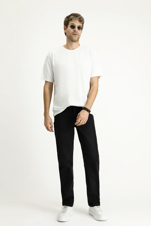 Black Relaxed Fit Lycra Denim Look Trousers