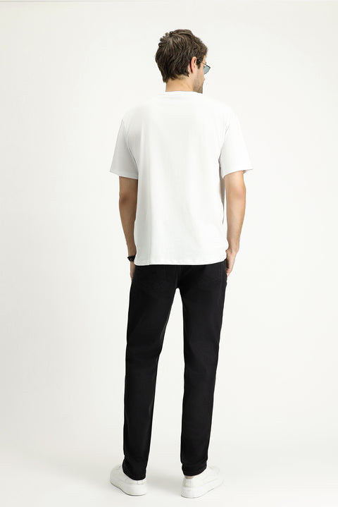 Black Relaxed Fit Lycra Denim Look Trousers