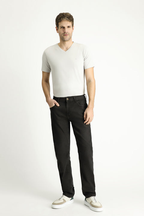 Dark Charcoal Regular Fit Standard Cut Lycra Denim Look Trousers