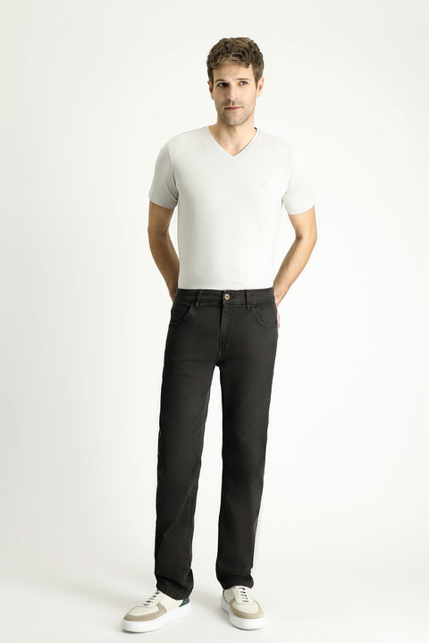 Dark Charcoal Regular Fit Standard Cut Lycra Denim Look Trousers