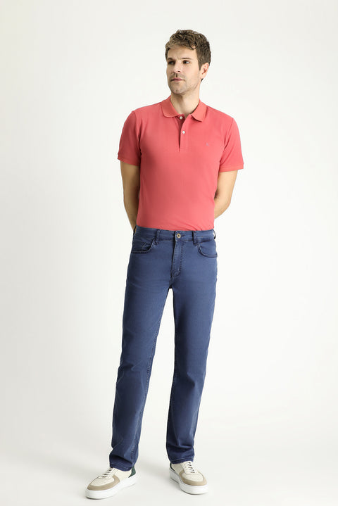 Dark Blue Relaxed Fit Stretchy Denim Look Trousers