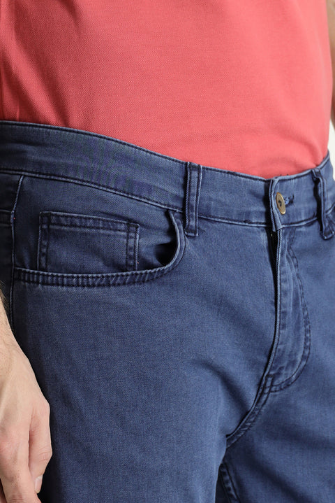 Dark Blue Relaxed Fit Stretchy Denim Look Trousers