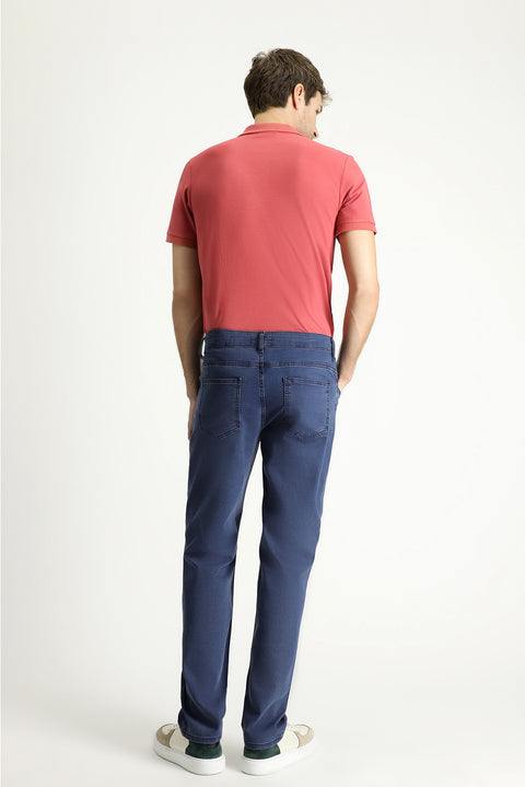 Dark Blue Regular Fit Standard Cut Lycra Denim Look Trousers