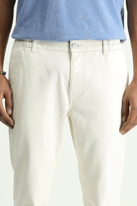 Ecru Regular Fit Standard Cut Elasticated Waist Stretchy Canvas / Chino Trousers