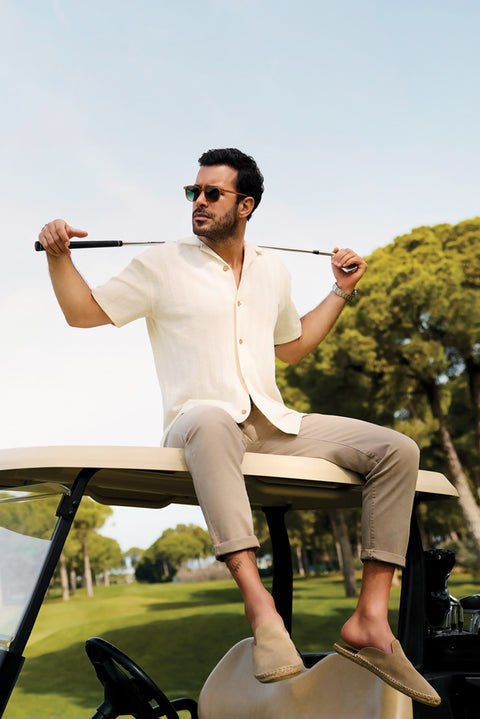 Medium Beige Regular Fit Standard Cut Elasticated Waist Stretchy Canvas / Chino Trousers