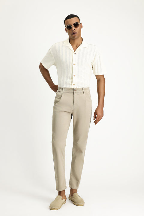 Medium Beige Regular Fit Standard Cut Elasticated Waist Stretchy Canvas / Chino Trousers