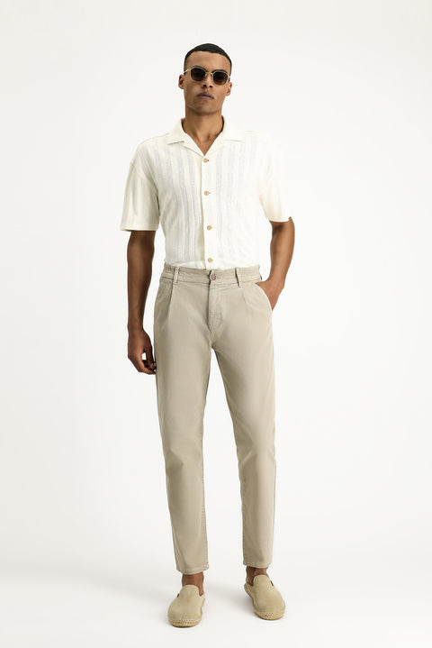Medium Beige Regular Fit Standard Cut Elasticated Waist Stretchy Canvas / Chino Trousers