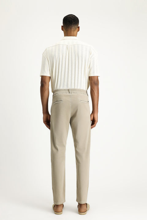 Medium Beige Regular Fit Standard Cut Elasticated Waist Stretchy Canvas / Chino Trousers