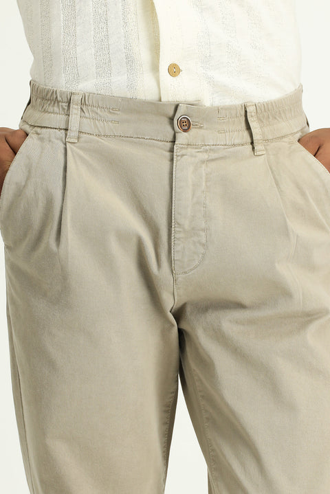Medium Beige Regular Fit Standard Cut Elasticated Waist Stretchy Canvas / Chino Trousers