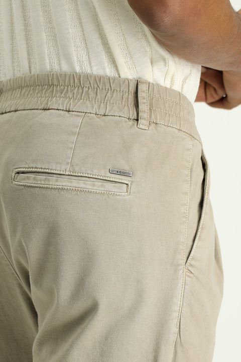 Medium Beige Regular Fit Standard Cut Elasticated Waist Stretchy Canvas / Chino Trousers