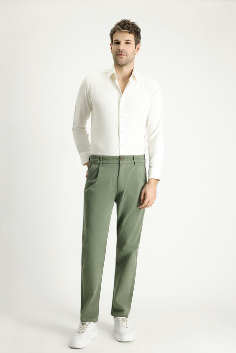 Orta Haki Regular Fit Standart Kesim Beli Lastikli Likralı Kanvas / Chino Pantolon