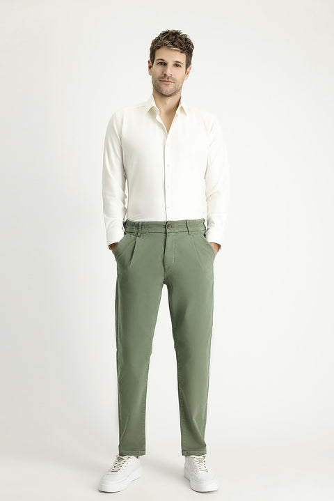 Orta Haki Regular Fit Standart Kesim Beli Lastikli Likralı Kanvas / Chino Pantolon