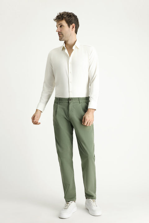 Orta Haki Regular Fit Standart Kesim Beli Lastikli Likralı Kanvas / Chino Pantolon