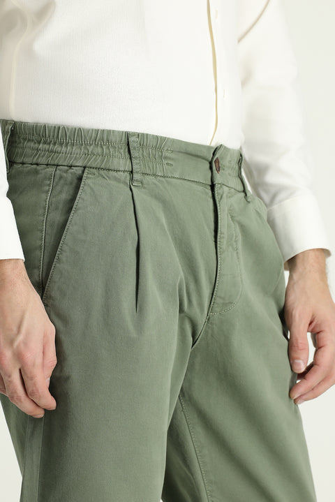 Orta Haki Regular Fit Standart Kesim Beli Lastikli Likralı Kanvas / Chino Pantolon